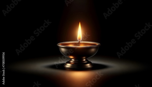 Beautiful diya lamp with flame on dark background.