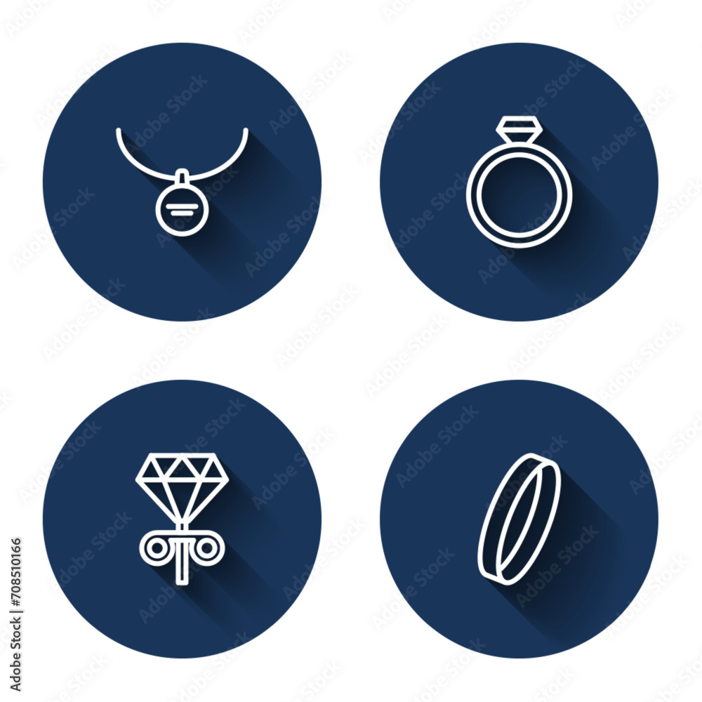 Set line Locket on necklace, Diamond engagement ring, Stud earrings and Wedding with long shadow. Blue circle button. Vector Set line Locket on necklace, Diamond engagement ring, Stud earrings and Wedding with long shadow. Blue circle button. Vector