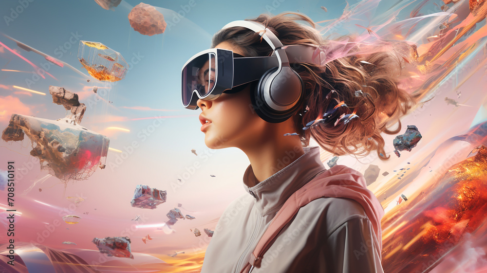 Teenage gamer girl experiences a fantasy world wearing virtual reality glasses and headphones. Studio with VR headsets to explore educational video games and learn about technology. - obrazy, fototapety, plakaty 