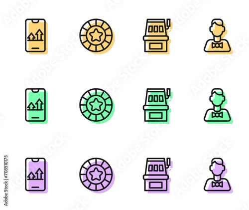 Set line Slot machine, Online sports betting, Casino chips and dealer icon. Vector