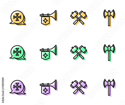 Set line Crossed battle hammers, Crusade, Trumpet with flag and Medieval poleaxe icon. Vector