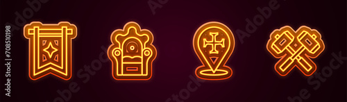Set line Medieval flag, throne, Crusade and Crossed battle hammers. Glowing neon icon. Vector