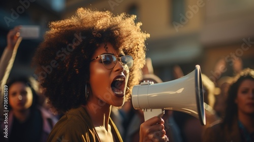 Woman speaking through a megaphone at a protest