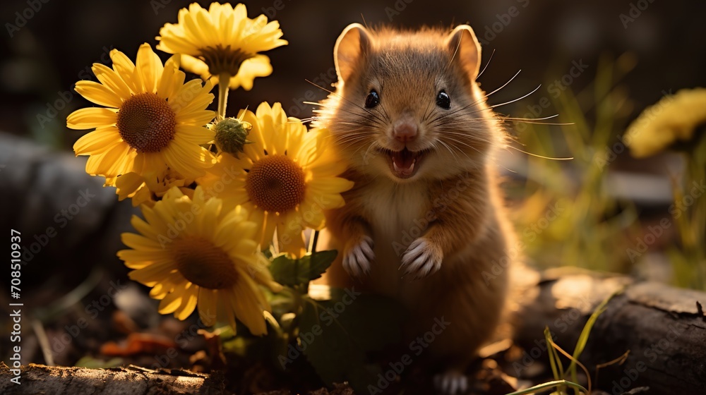 Small Rodent near Yellow Flowers Small Rodent near Yellow Flowers