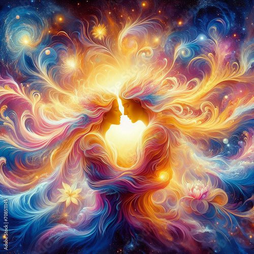 Twin flame couple. Soulmates. The concept of magical, esoteric, tantric, spiritual love. Connection between souls. Illustration for websites and much more. Created using generative ai tools.