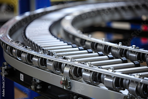 Close up of Conveyor belt for filling processing in production line of industry manufacture, factory roller system for transfers products, automatic process of industry. photo