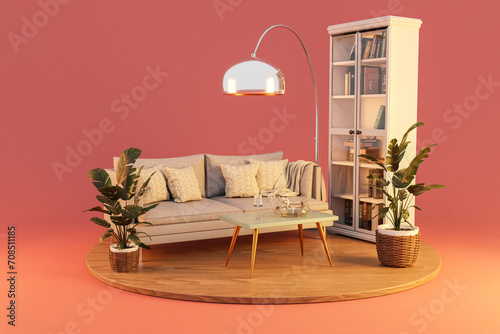 livingroom interior design isolated on wooden podest and infinite background; couch and bookshelf; 3D rendering photo