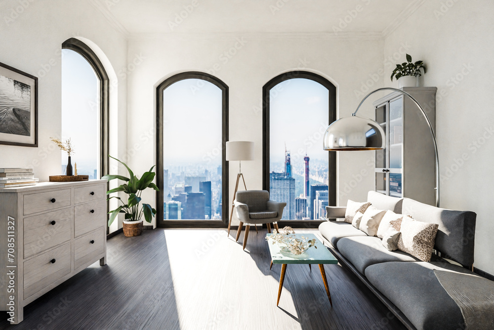 View of luxurious loft apartment with floor-to-ceiling windows and panoramic ...