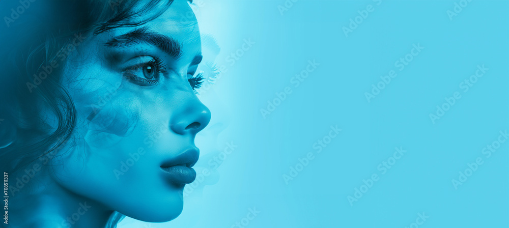 Fototapeta premium Gorgeous woman face on blue background. Concept of beauty, cosmetology, fashion