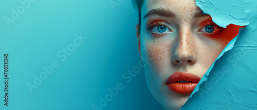 Gorgeous freckled Caucasian woman face on blue background. Concept of beauty, cosmetology, fashion