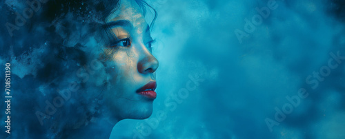 Gorgeous Asian woman face on grunge wall blue background. Concept of beauty, cosmetology, fashion