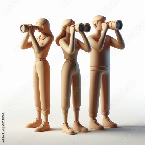 Three People with Spyglasses Observing - 3D Cartoon Clay Illustration.