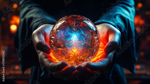 glowing round object Crystal in hand. Mysterious, creative, abstract photo