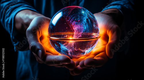 glowing round object Crystal floats in hand. Mysterious, creative, abstract