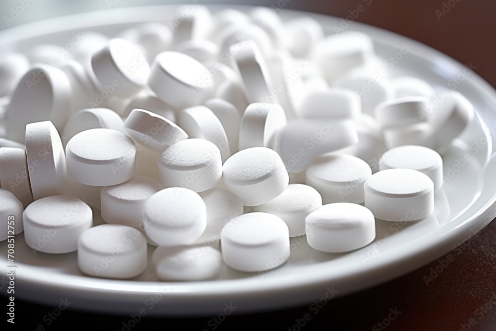 Aspirin Tablets On A White Plate Close Up,
