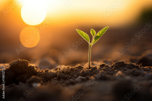 Close up small new green sprout grows out of the brown earth in the sunset rays. Concept of life in bad conditions, rebirth