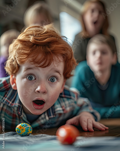 Astonished Red-Haired Boy Discovering Easter Eggs