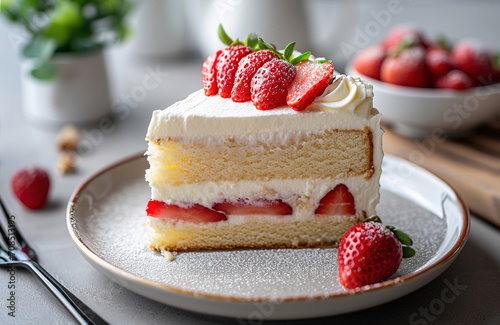 cake with cream and strawberries on a wood background