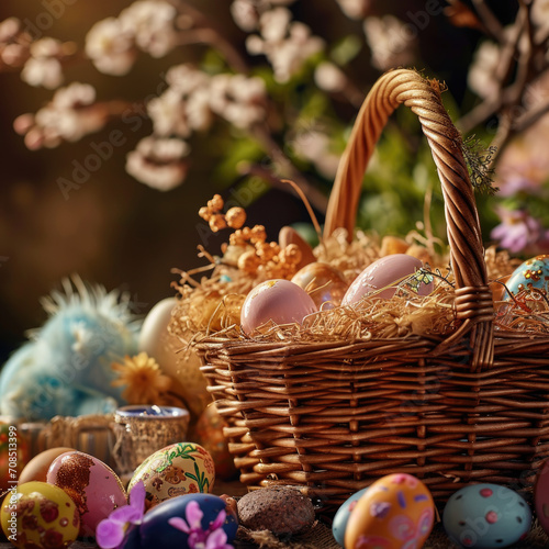 Traditional Woven Easter Basket Filled with Colorful Hand-Painted Eggs and Spring Blossoms