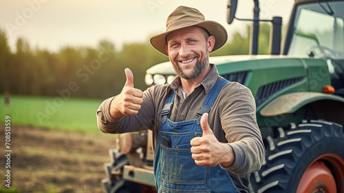 Portrait of a farmer showing a thumbs up with a tractor in the background. Agricultural work in the field photo