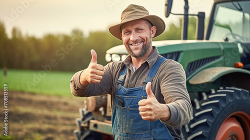 Portrait of a farmer showing a thumbs up with a tractor in the background. Agricultural work in the field