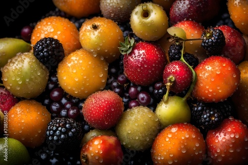 A close-up view of exotic  outlandish fruits glistening with dew drops in the early morning light.