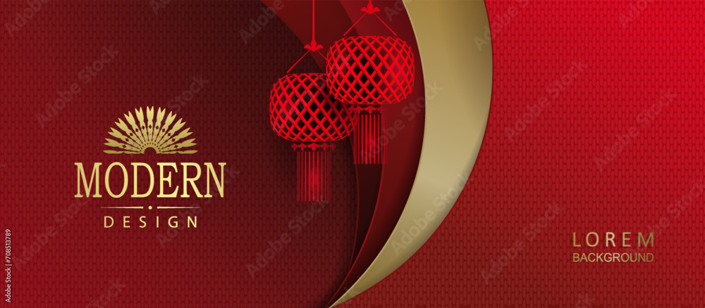 Fototapeta premium Red texture illustration, oval curtains with air lanterns.