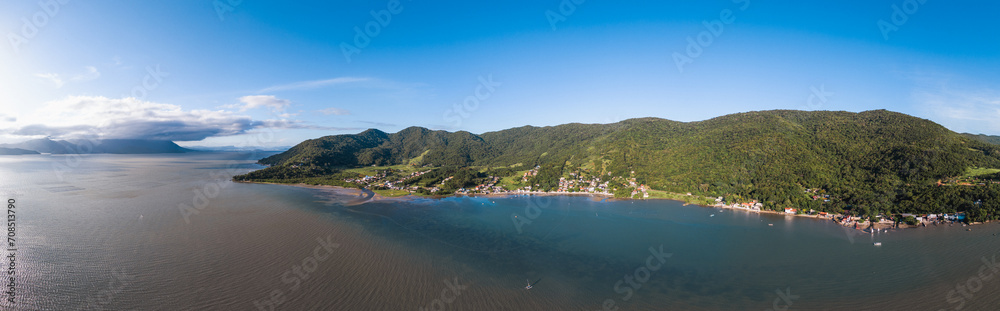 180° panoramic aerial photo of paradisiacal landscape, in the city of Florianópolis, Santa Catarina, Brazil, taken with DJI mini 4 pro.