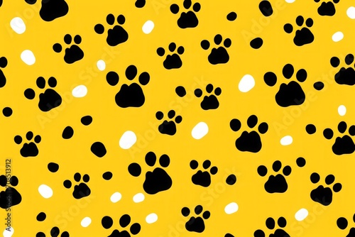 black and white paw prints with yellow background. dog paw pattern background