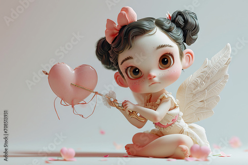 Volumetric illustration in cartoon style of a cute cupid girl holding a golden arrow with a pink heart