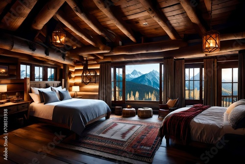 Mountain cabin bedroom with wooden beams  plaid blankets  and a rustic  alpine ambiance.