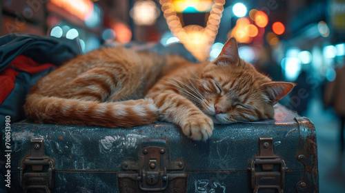 Entspannte Stadtkatze: Schlafend auf einem Koffer mitten in der Stadt photo
