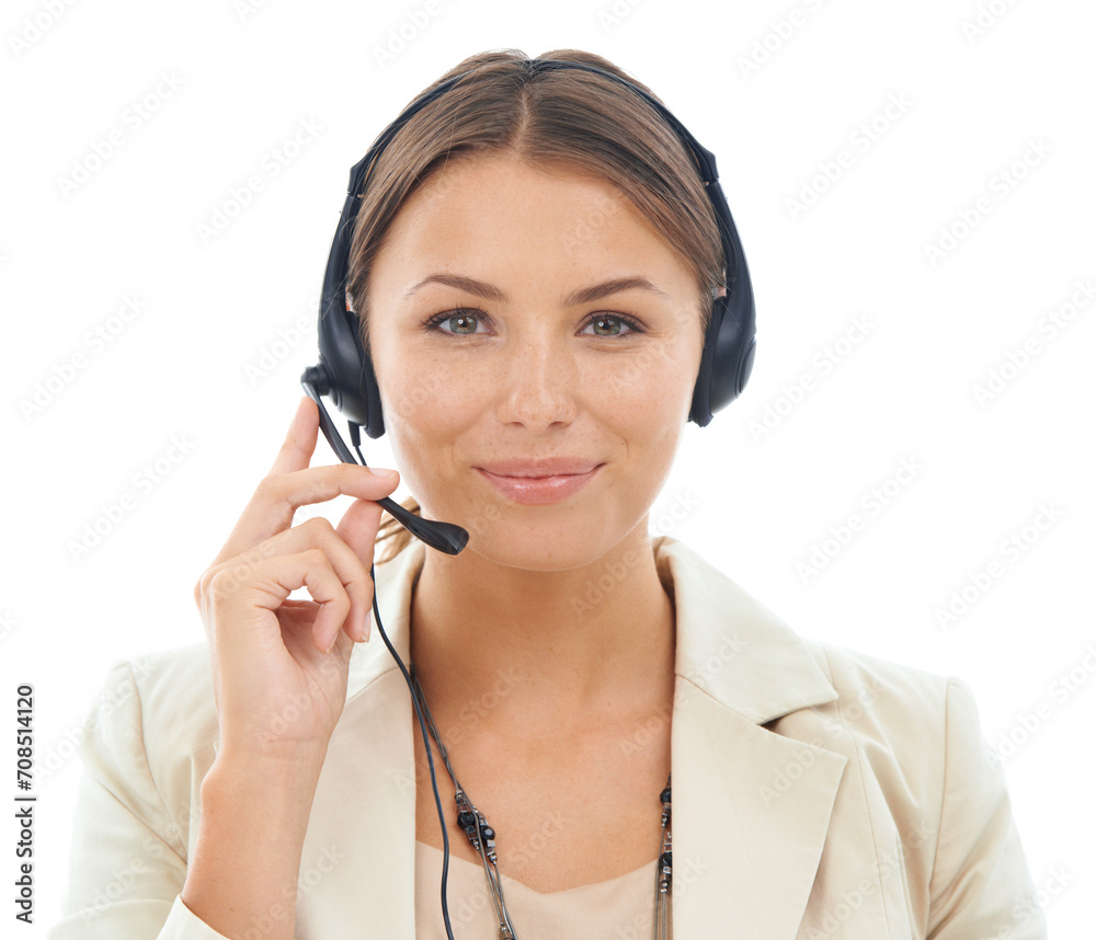 Happy woman, portrait and consultant with headphones for telemarketing or customer service on a white studio background. Face of female person or agent smile in call center with mic for online advice Happy woman, portrait and consultant with headphones for telemarketing or customer service on a white studio background. Face of female person or agent smile in call center with mic for online advice