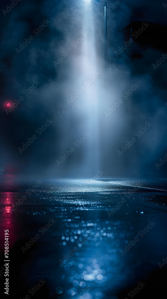 Obraz premium Wet asphalt, reflection of neon lights, a searchlight, smoke. Abstract light in a dark empty street with smoke, smog. Dark background scene of empty street, night view, night city.