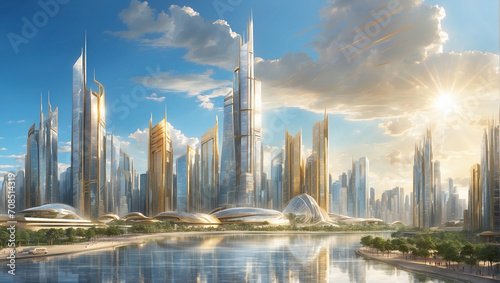 Illustration design of a shining city from the future. Sunlight, Town, Buildings and Skyscrapers