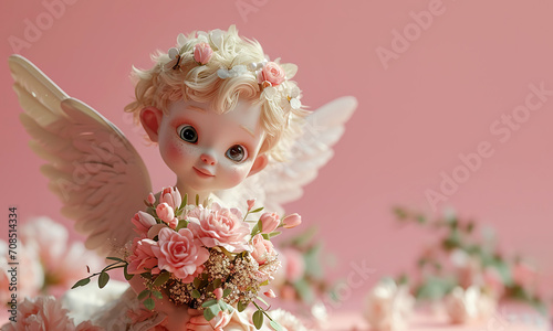 Volumetric illustration in cartoon style of a cute freckled cupid holding a bouquet of flowers on a pink background