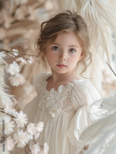 little girl wearing a white dress standing among white feathers