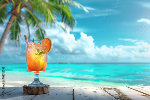 beautiful view of the turquoise sea with a palm tree and a cocktail on a wooden stand on a sunny day