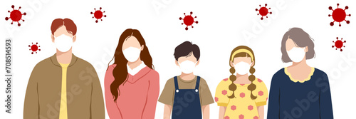 Group of people wearing medical masks to prevent Coronavirus, covid-19, disease, pollution, flat vector illustration set.