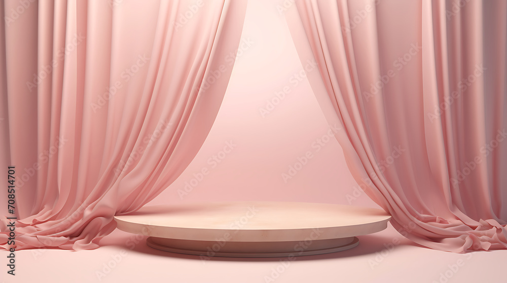3D display podium, wood frame pedestal and flying silk cloth curtain. Luxury feminine mockup 3d render