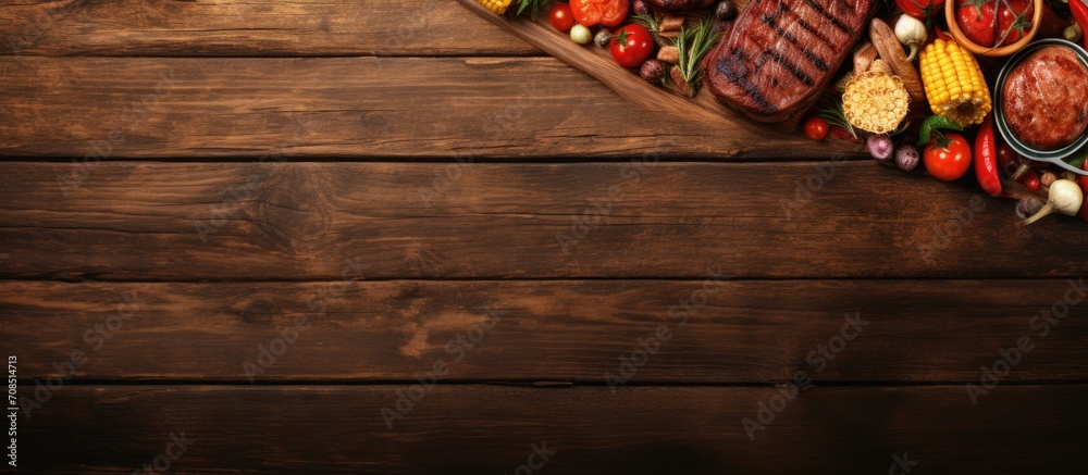BBQ menu: Grilled meats, snacks, veggies on wood board. Banner for text.