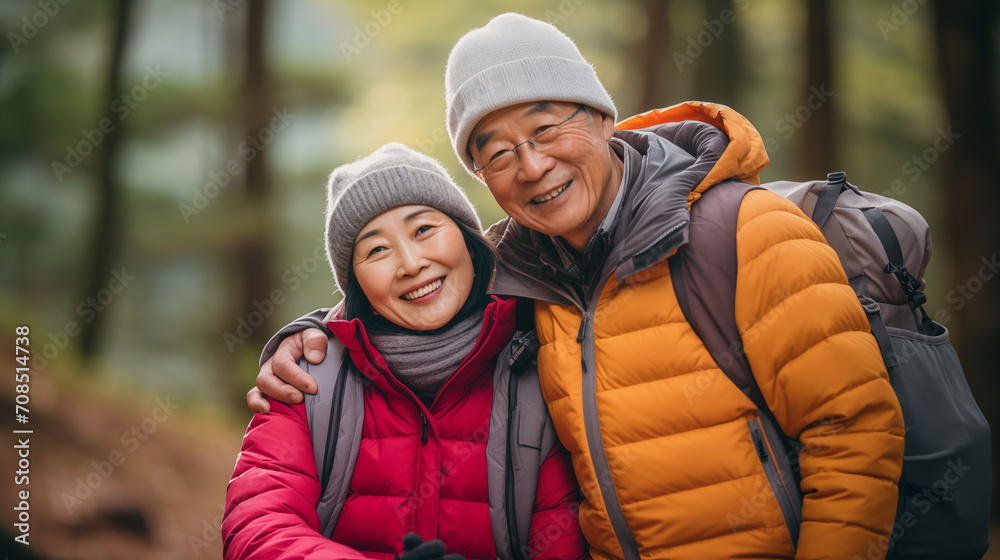 Smiling Asian Senior Couple Enjoying a Hike in the Tranquil Woods