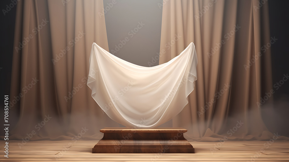 3D display podium, wood frame pedestal and flying silk cloth curtain. Luxury feminine mockup 3d render - obrazy, fototapety, plakaty 