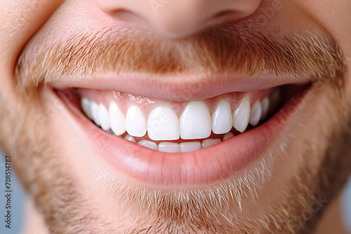 close-up of a man's smile with white teeth after a whitening procedure