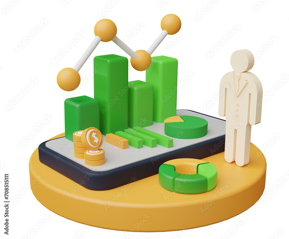 Stack of 3d gold coins and bar chart, successful businessman and smart phone, illustration of savings, investment and business targets Stack of 3d gold coins and bar chart, successful businessman and smart phone, illustration of savings, investment and business targets