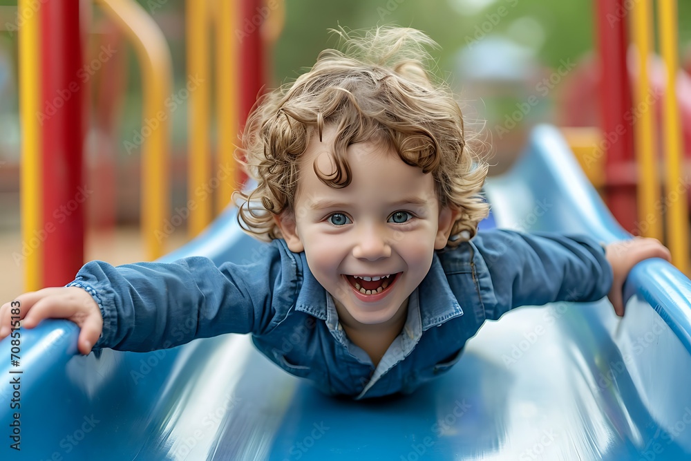 Portrait of a happy child rolling down a slide on a playground on a summer day Portrait of a happy child rolling down a slide on a playground on a summer day