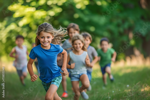 Portrait of a group of happy children wearing in a t-shirt and shorts running in park background on a summer day.