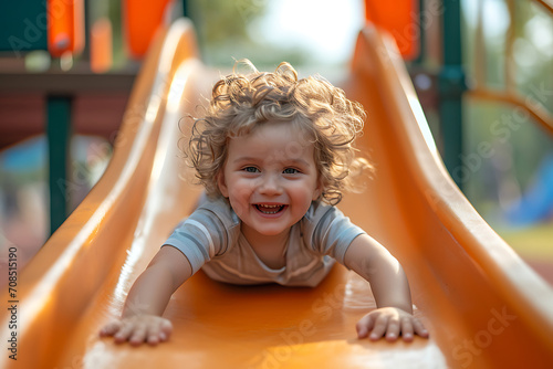 Portrait of a happy child rolling down a slide on a playground on a summer day