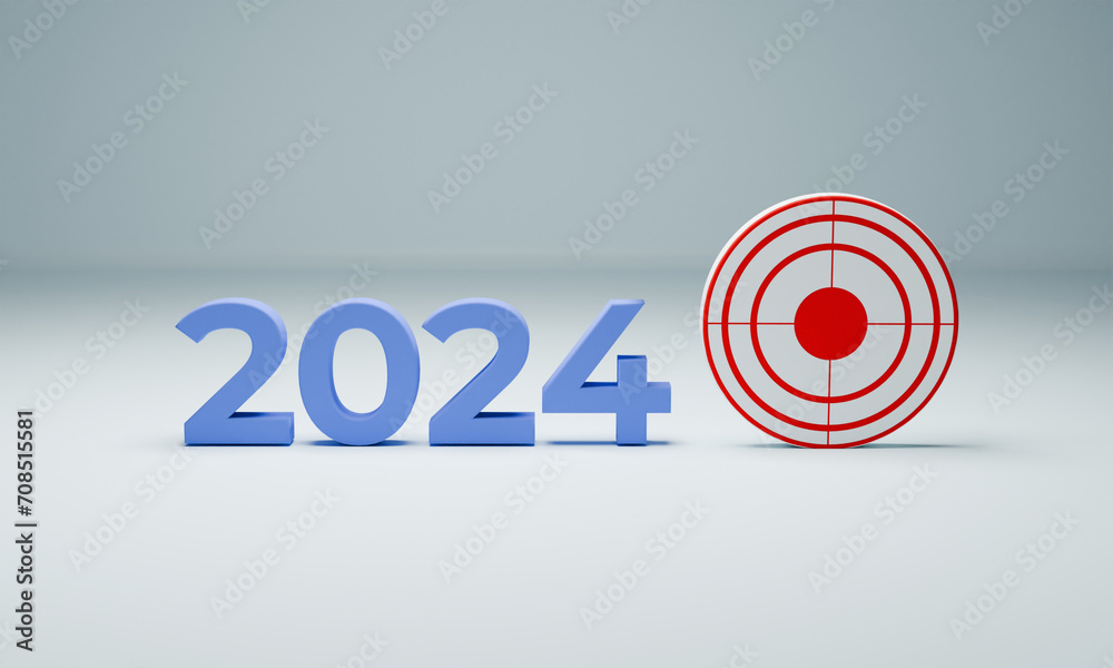 2024 3d text with the target board with ideas for Business plans and goals and strategies that will lead to business success and a better life in the new year, concept of goal achievement, 3d render