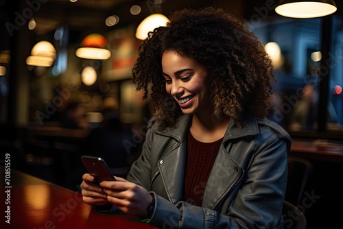 An African girl is sitting at a table in a cafe and smiling at the screen of her smartphone. The concept of communication at leisure.
